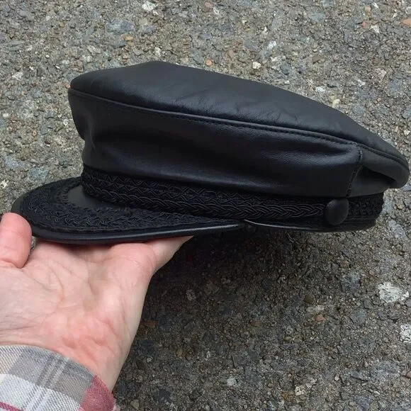 Vintage New York Winner Black Leather Newsboy Fisherman Moto Captain Hat - Picture 6 of 11